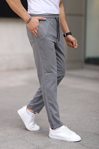 Bürke Men's School Gray Elastic Waist Lace up Stretchy Fitted Jogger Pants Fabric Trousers