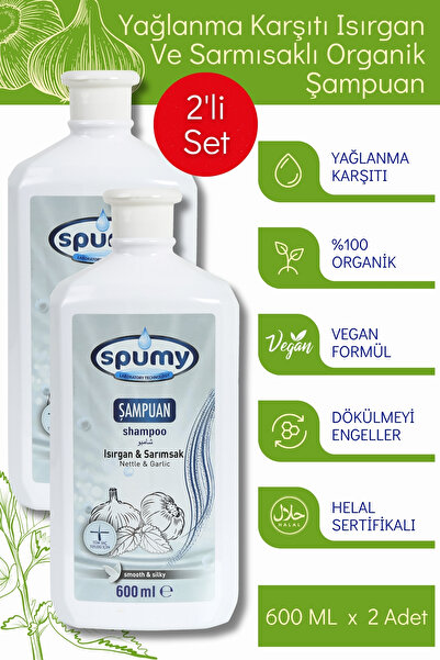 Spumy Yağlanma ve Dökülme Karşıtı Isırgan Ve Sarmısaklı 2'li Organik Şampuan - 600 ML x 2