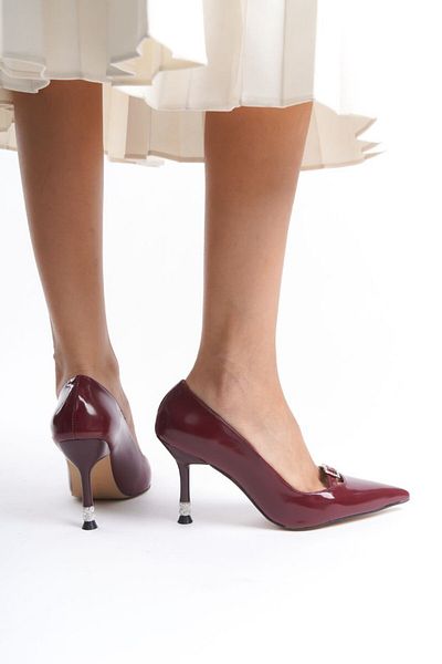 Lölük Moda Special Stoned Claret Red Patent Leather Sitiletto - Closed Heel