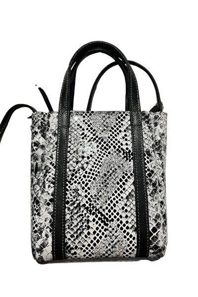 Pinkylola Mini Balet Hakiki Deri Siyah Beyaz Gri Yılan Baskı Desenli Elde Ve Askılı Mini Çanta