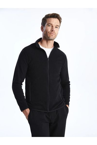 LC Waikiki New Black Stand Collar Long Sleeve Men's Fleece Cardigan - Classic