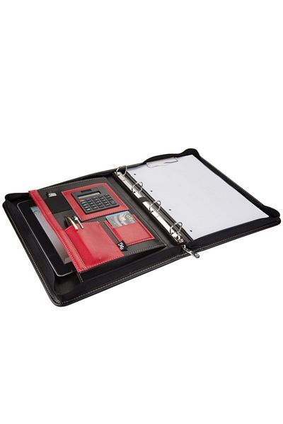 2K A4 Leather Zippered Secretariat and 4 Ring D Mechanism Handheld Portfolio with Calculator