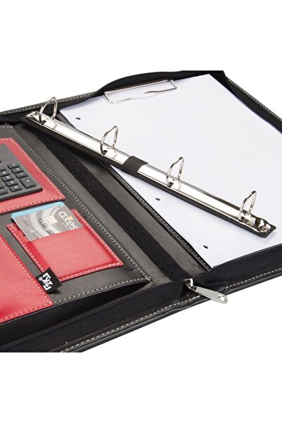 2K A4 Leather Zippered Secretariat and 4 Ring D Mechanism Handheld Portfolio with Calculator