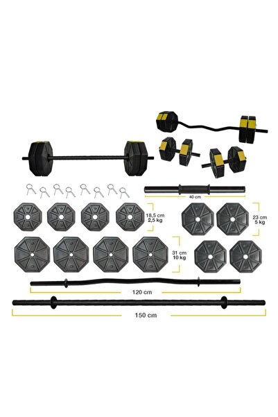 TAN SPOR 70kg Düz Bar 150cm +z Bar  120cm Dambıl Ağırlık Halter Full Set Sarı Kapaklı