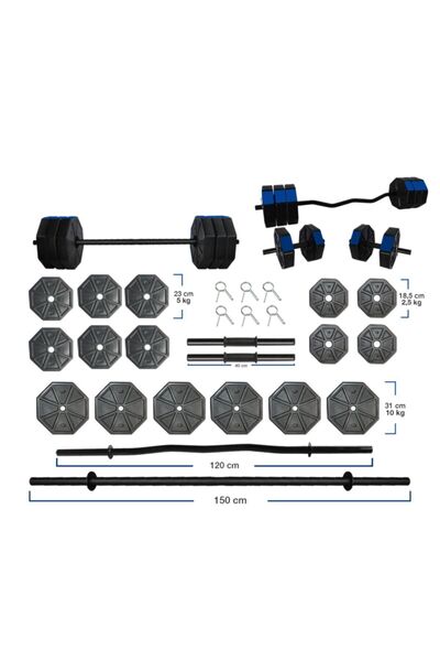 TAN SPOR 100kg Düz Bar 150cm+ Z Bar 120cm Dambıl Ağırlık Halter Full Set Mavi...