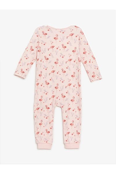 LC Waikiki Lcw Eco Light Coral Printed Crew Neck Long Sleeve Printed Baby Girl Romper