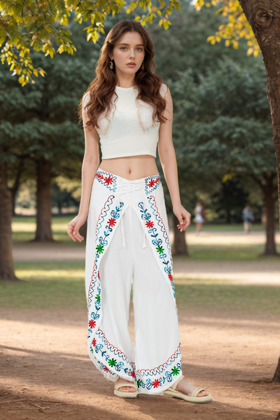 Loomora Kadın Beyaz Nakışlı Bohem Tarz Rahat Kesim Şalvar Pantolon