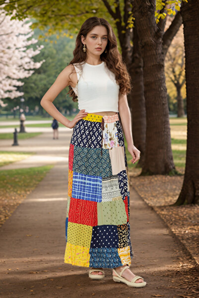 Loomora Kadın Bohem Tarz Patchwork Desenli Rahat Kalıp Yazlık Uzun Etek