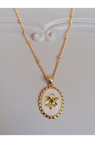 Judas Takı Women's Gold Flower Model White Pearlescent Necklace
