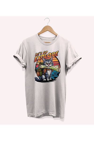 remonz Μοτίβο Adventurous Cat - 100% βαμβακερό μπλουζάκι με στάμπα μεγάλου μεγέθους, λαιμόκοψη