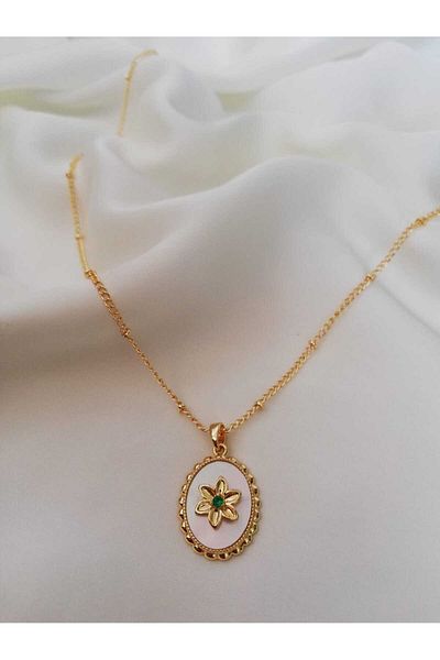 Judas Takı Women's Gold Flower Model White Pearlescent Necklace