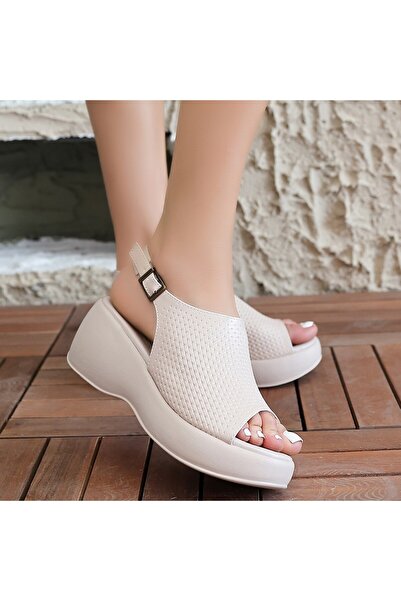 Moka Shopin Beige Color Mokashopin Wedge Heeled Sandals