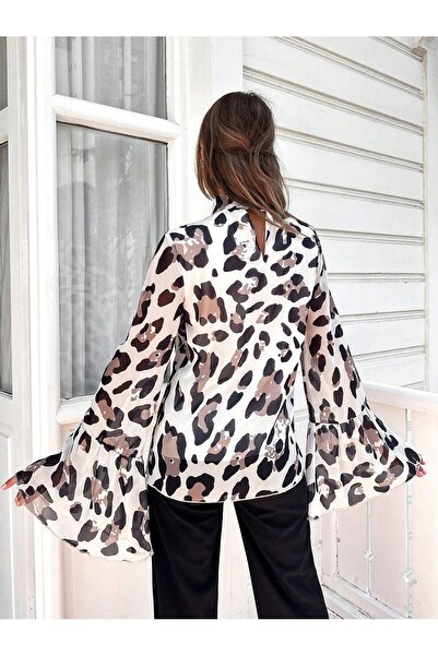 Moda ZR Leopard Patterned Chiffon Women's Blouse - Flounced Sleeve