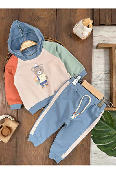 Bolly Baby Teddy Bear Printed Hooded and Colorful Sleeve Detailed Suit for Ba...