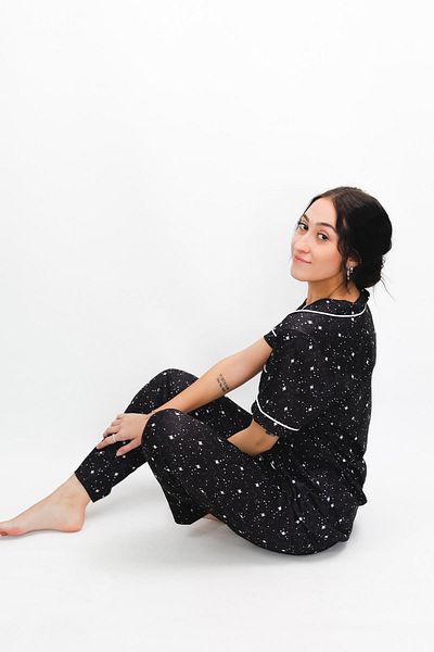 cotonhause Colecția Nena - Set de pijamale confortabile 100% bumbac cu model stea neagră