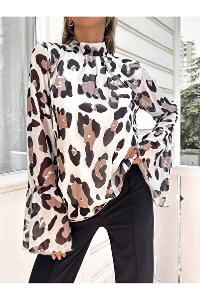 Moda ZR Leopard Patterned Chiffon Women's Blouse - Flounced Sleeve
