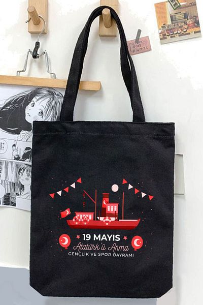 Darkhane 19 May - Unisex Black Gabardine Canvas Bag, Youth and Sports Day Bandirma