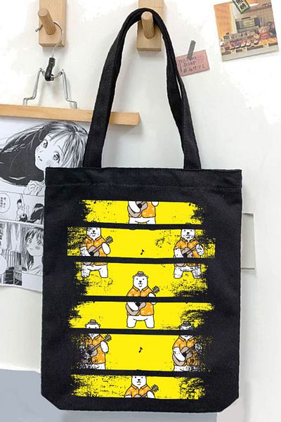 Darkhane Black Unisex Bear Playing Guitar Canvas Bag - Gabardine