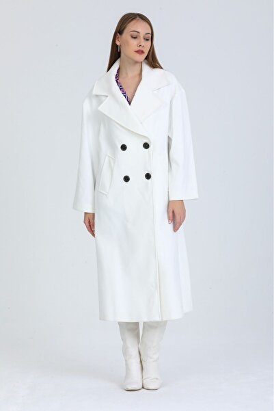 Pitti Women's White Long Black Buttoned Cashmere Lined Coat