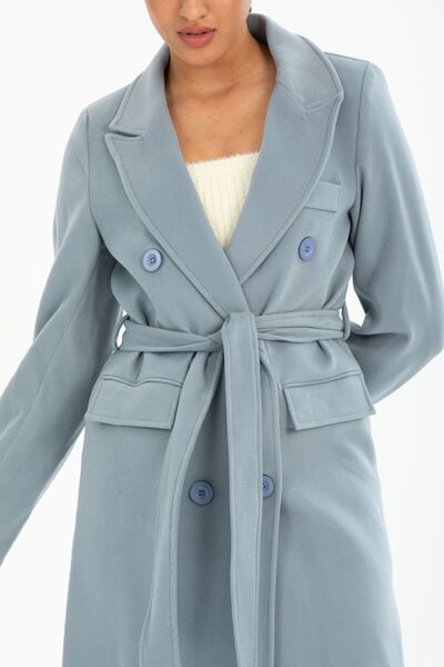 Pitti Women's Gray Blue Eyebrow Buttoned Belted Men's Collar Lined Coat 70607