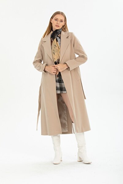 Pitti Women's Stone Colored Men's Collar Long Belted Lined Pocket Coat 70426