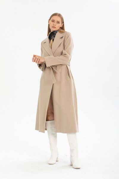 Pitti Women's Stone Colored Men's Collar Long Belted Lined Pocket Coat 70426