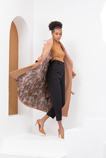 Pitti Women's Camel Leopard Lined Stitched Sleeves Zippered Belted Coat 70639