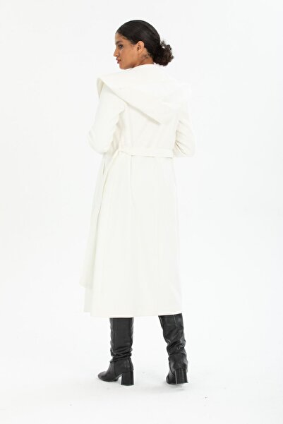 Pitti Women's White Hooded Long Belted Lined Coat 70481