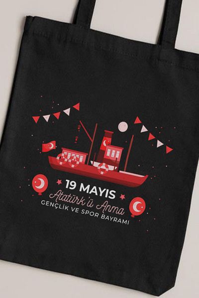 Darkhane 19 May - Unisex Black Gabardine Canvas Bag, Youth and Sports Day Bandirma