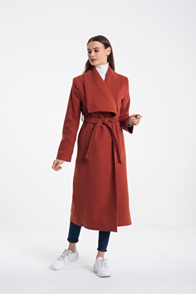 Pitti Kadın Kiremit Şal Yaka uzun Kuşaklı Astarlı Kaban PİTTİ 70575