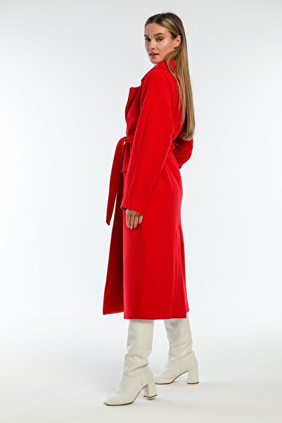 Pitti Women's Red Men's Collar Long Coat 70601