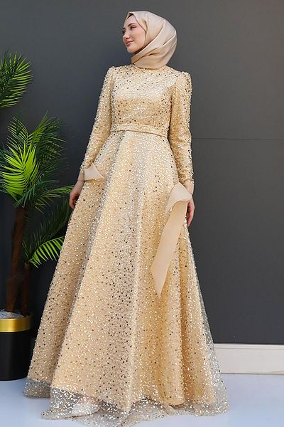 GİZ AGİYİM Χρυσό βραδινό φόρεμα Simay Hijab