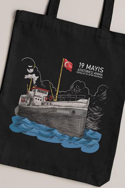 Darkhane Black Gabardine Canvas Bag - 19 May Bandırma Vapuru Unisex
