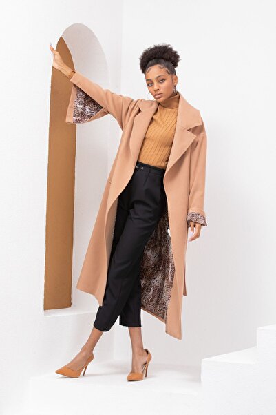 Pitti Women's Camel Leopard Lined Stitched Sleeves Zippered Belted Coat 70639