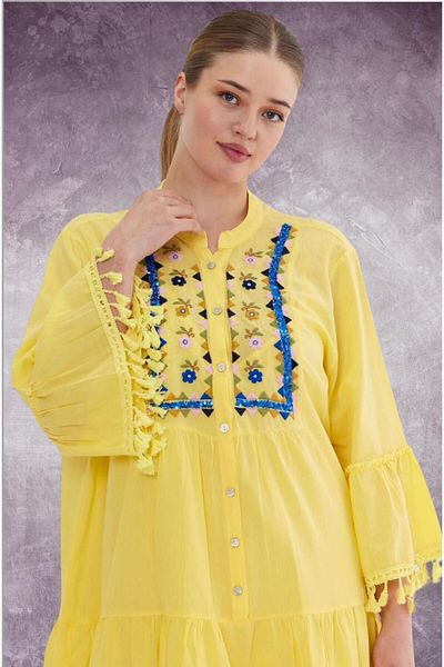 WOMAN VISION Design de in - Rochie de dama cu spate plisat, fata cu nasturi si imprimeu brodat