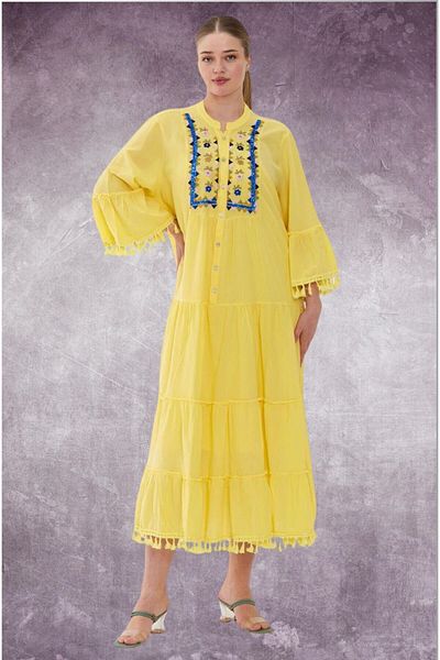 WOMAN VISION Design de in - Rochie de dama cu spate plisat, fata cu nasturi si imprimeu brodat