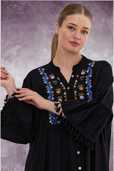 WOMAN VISION Design de in - Rochie de dama cu spate plisat, fata cu nasturi si imprimeu brodat