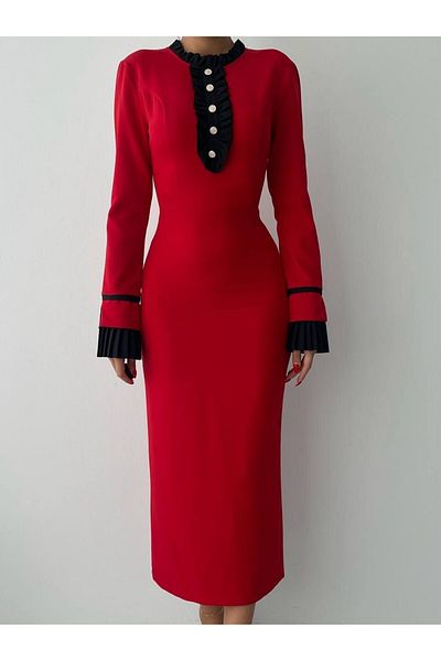 Julidress Premium Midi Dress - Red, Black Ruffle Cuff, Button Detail