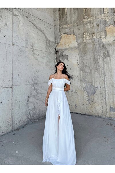 bella istanbul Alice Madonna Yaka İp Askılı Yırtmaçlı Abiye