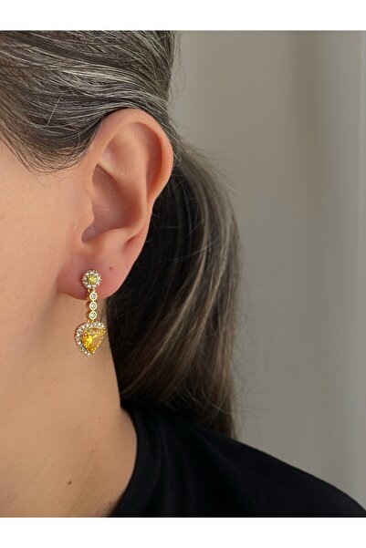 Owentis Çelik Sarı Kristal Taş Sallantılı Kalp Naughty Küpe -kararma yapmaz-