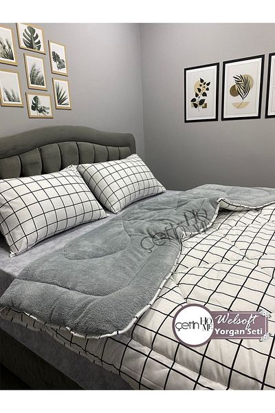 Çetinhome Square Patterned White Double Welsoft Quilt Set
