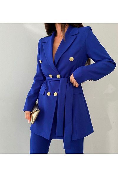 Moda İkra Belt Button Detailed Jacket Pants Suit