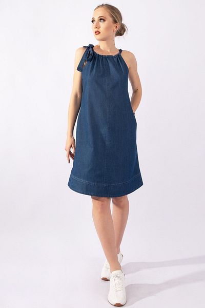Bold & Young Rochie subțire din denim, albastru indigo, cu gât cu șalter