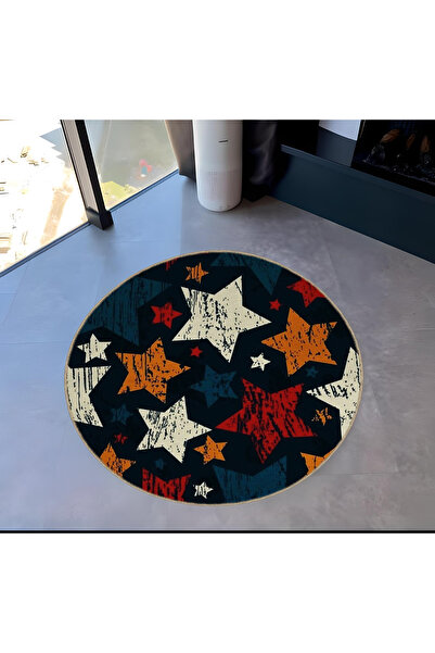 Rugs Modern Halı Multicolored Star Patterned Round Woven Base Modern Decorati...
