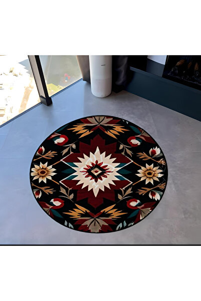 Rugs Modern Halı Multicolored Dark Tone Motif Floral Patterned Round Woven Ba...