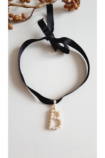 PETEK AKSESUAR Letter B Style Pearl Ribbon Choker Necklace