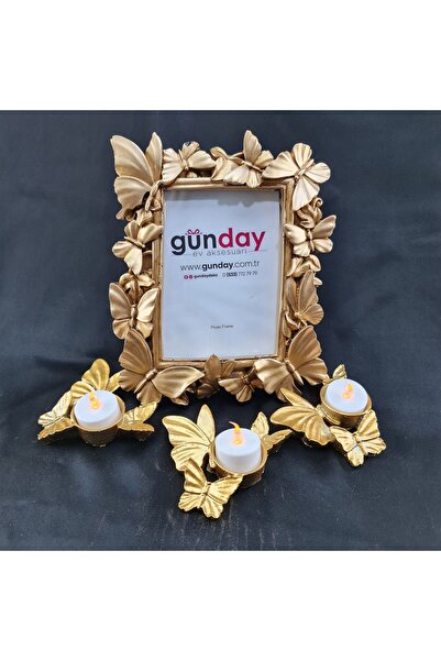 TEVFİK GÜNDAY DEKORASYON Gunday Ank-kelebek Çerçeve 3 Lu Altın Mumluk