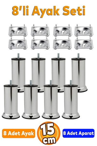 Badem10 Canapea de mobilier cu accesorii din metal cromat - picior de ridicare pentru canapea extensibilă, 15 cm, set de 8
