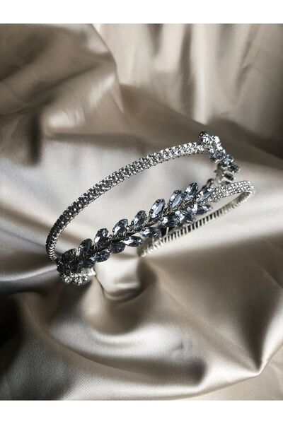 DOĞA ART STORE Zirkon Ve Kristal Taşlı Ikili Gelin Tacı Yaprak & Helen Model