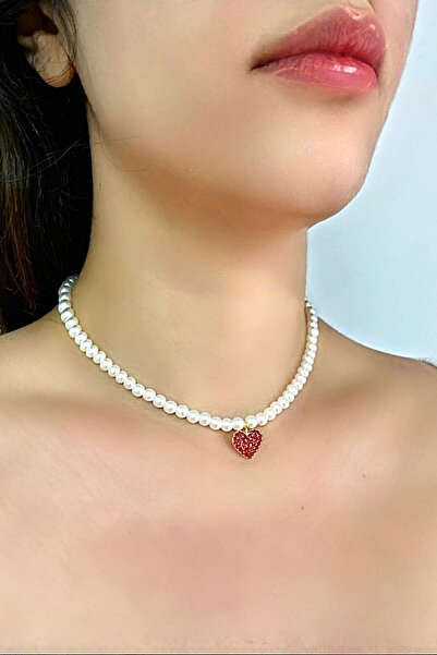 PETEK AKSESUAR Kırmızı Kalp Incili Choker Kolye